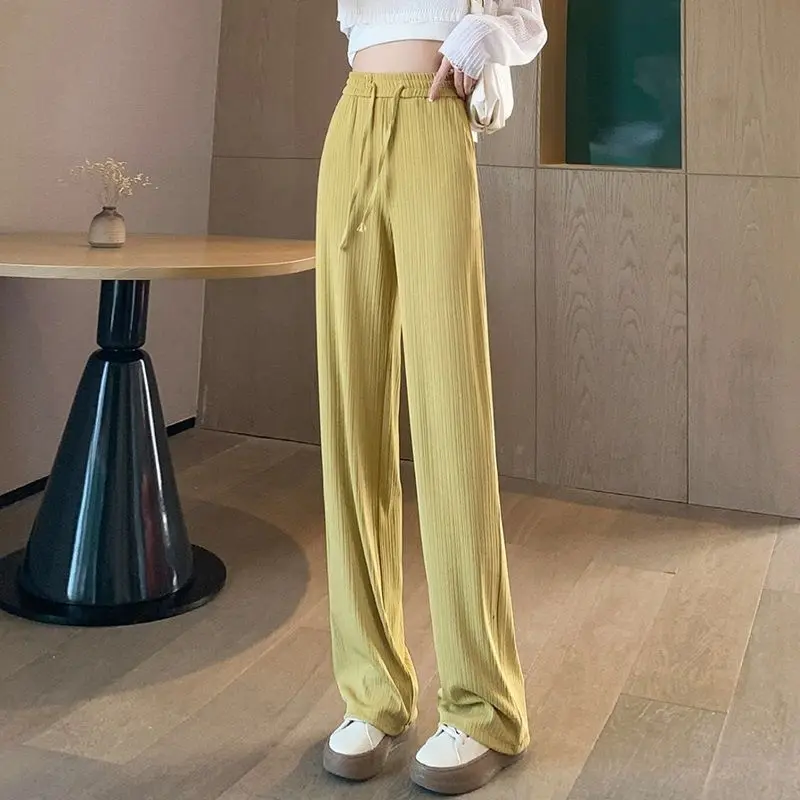

Spring and Summer Ice Silk Knitted Wide Leg Pants Women's Loose Elastic High Waist Drawstring Factor Straight Casual Trousers