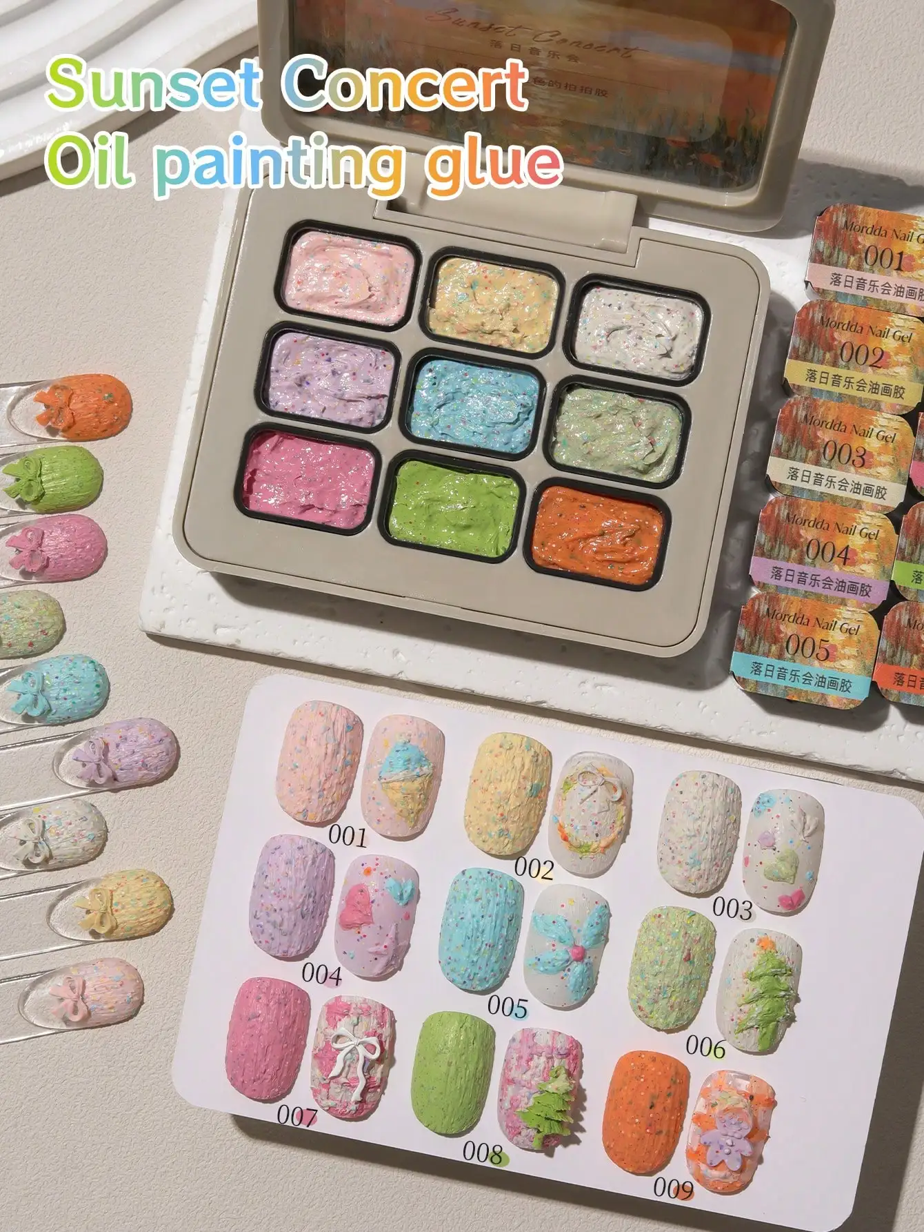مجموعة طلاء أظافر جلية مكونة من 9 ألوان لحفلات غروب الشمس، تدوم طويلاً، غير قابلة للغسل لتصاميم الإغاثة ثلاثية الأبعاد - Luo Ri Yin Yue Hui #1
