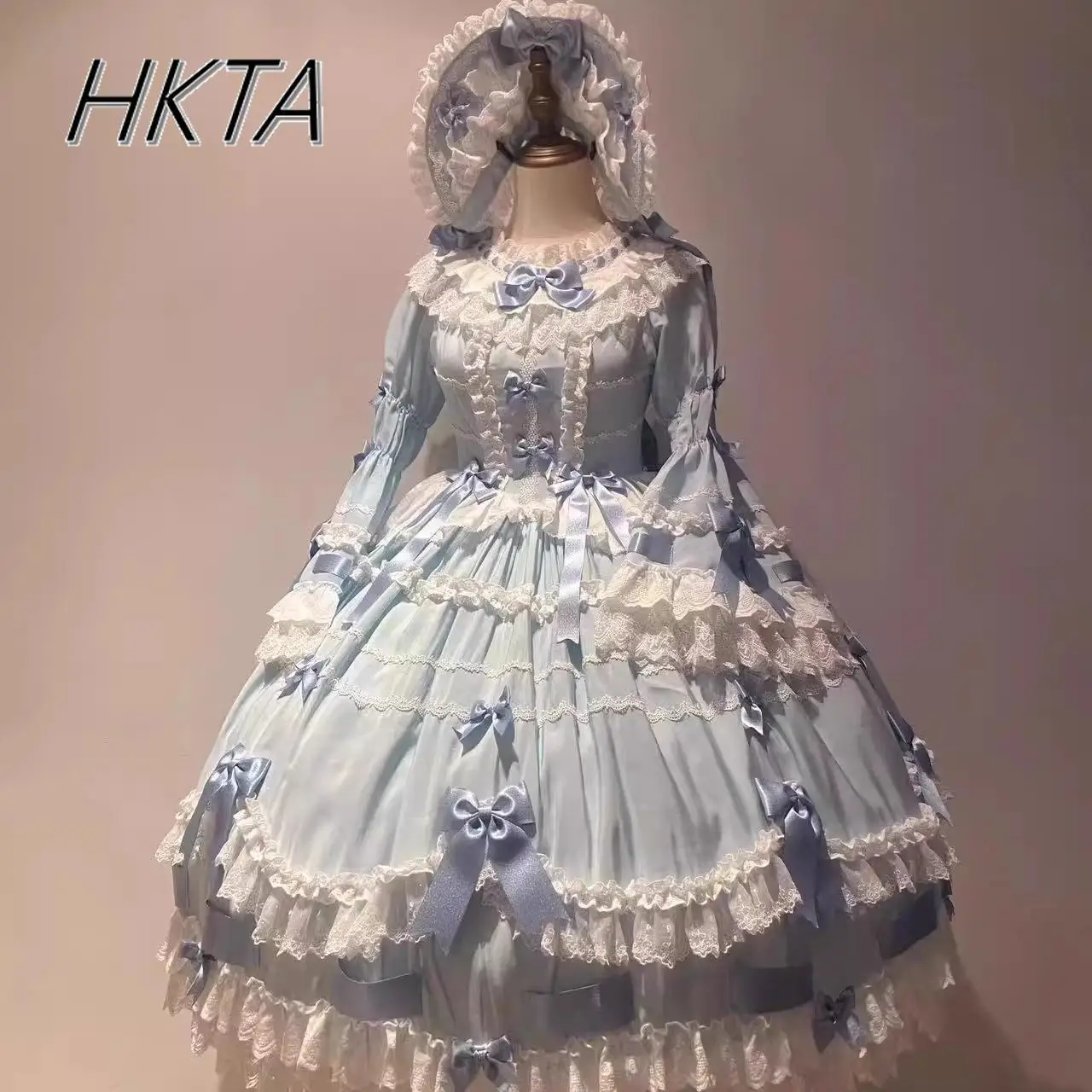 Elegancka Koronkowa Suknia Balowa z Długim Rękawem i Plisami, Sukienka Księżniczki, Damska Letnia Słodka Urocza Wyszczuplająca Sukienka Tortowa z Długim Dołem, Lolita Dziewczyna