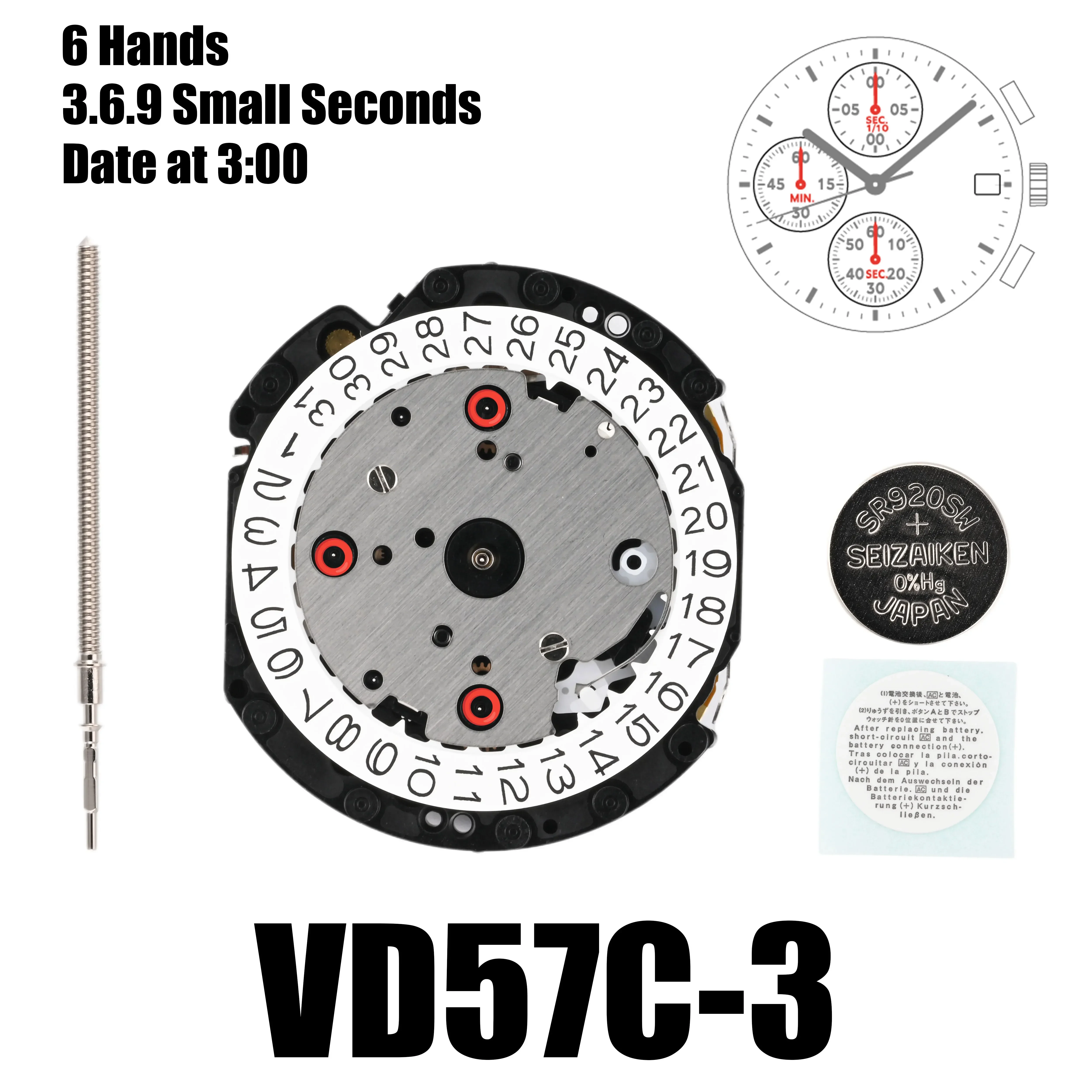 VD57 Movement VD57C Quartz Movement 6 Hands 6/9/12 Small Seconds Japanese New Original Watch Movement Accessories