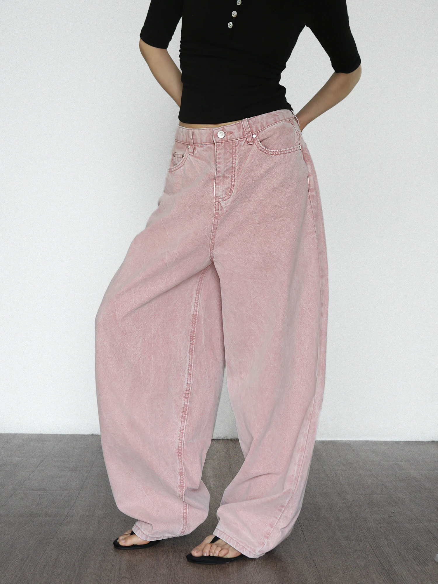 

Джинсы Sanovis Pink Wide Leg, с эффектом потертости, в расслабленном стиле, весна-лето, с высокой талией, свободные, широкие брюки-клеш, женские, из хлопкового денима