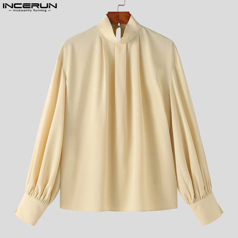 Handsome Well Fitting Tops INCERUN New Men\'s Pleated Hollow Half High Collar Shirts Stylish Male Solid Long Sleeved Blouse S-5XL