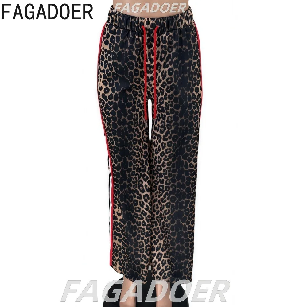 FAGADOER Casual Leopard Print Straight Pants Women Drawstring Stripe Patchwork Wide Leg Pant Trousers Female Streetwear Bottoms