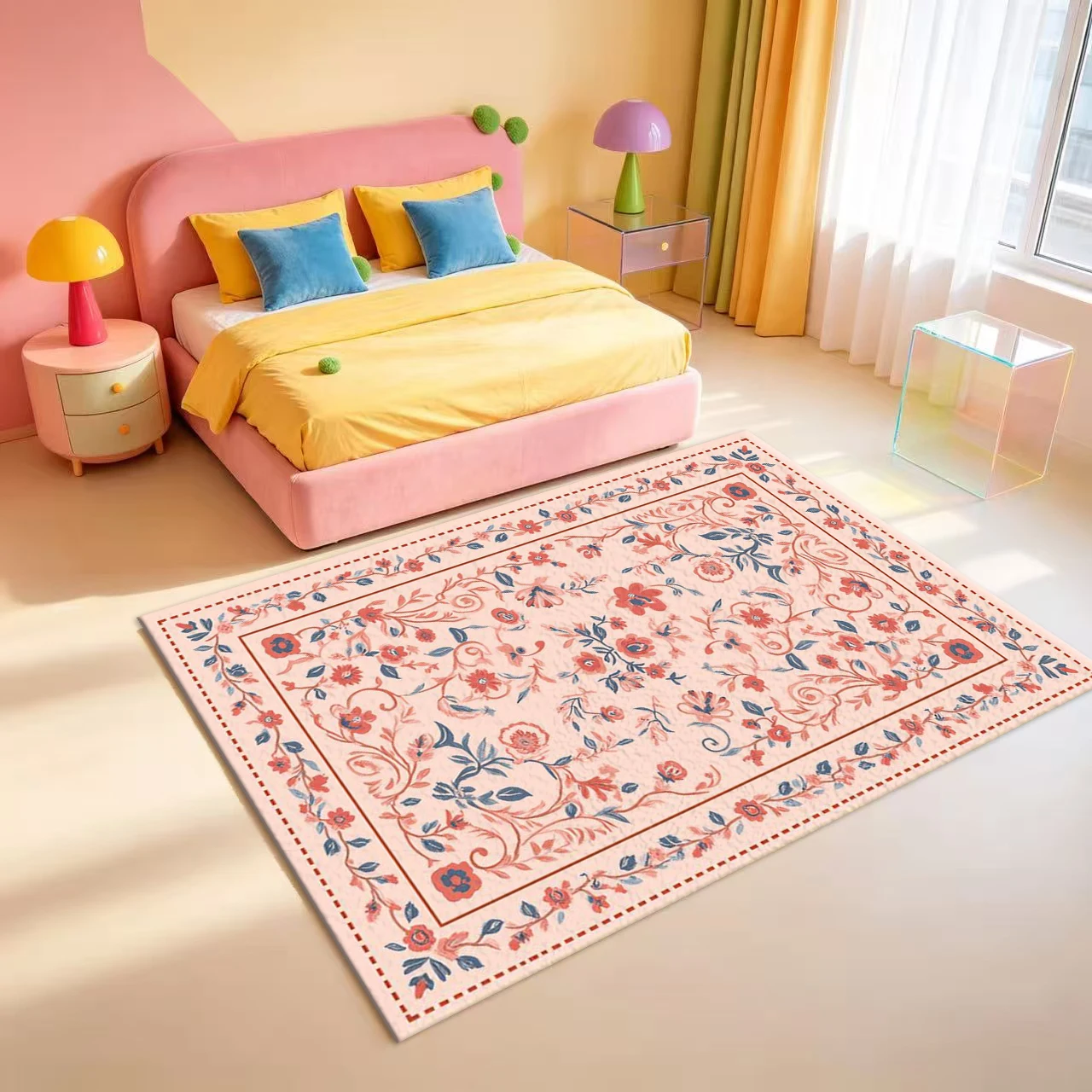 Pink Background Vintage Floral Vine Carpet Floor Decoration Bohemian Style Gorgeous Border Home Interior Carpet