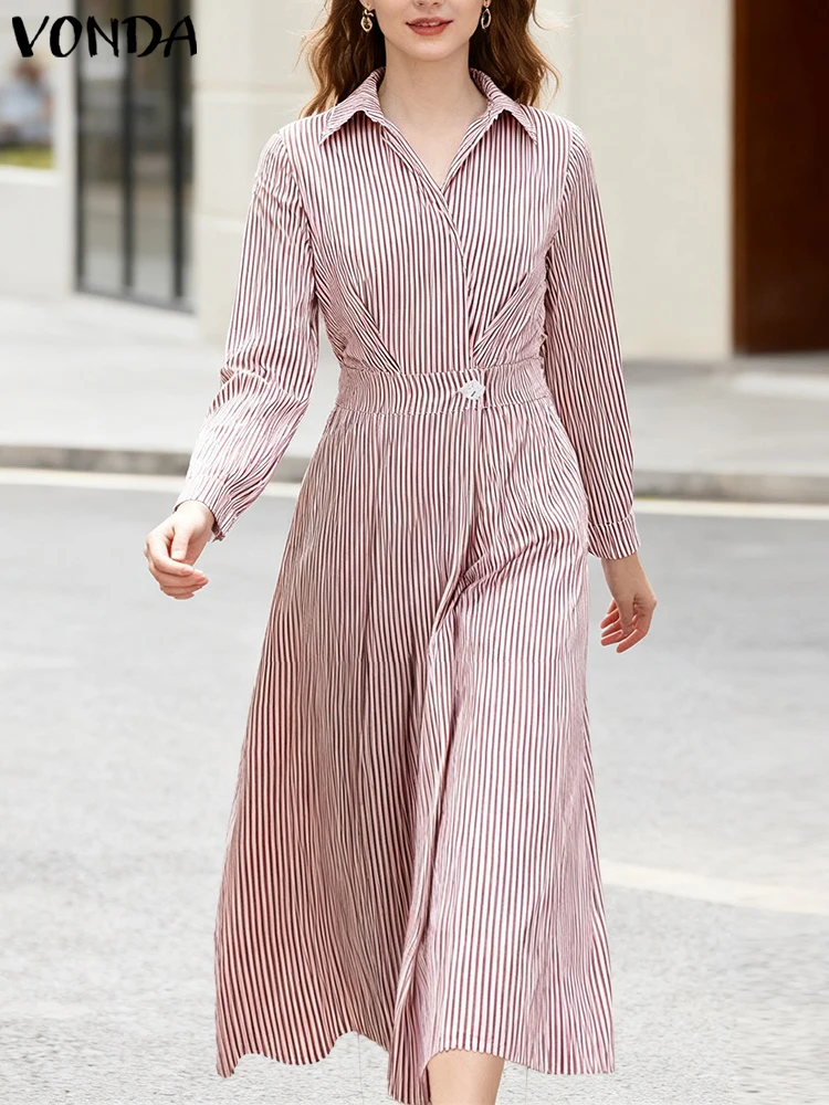VONDA Elegante Frauen Gestreiften Lange Kleid Langarm Tasten Revers Plissee Hemd Vestidos Herbst Hohe Taille Büro Dame Party Robe