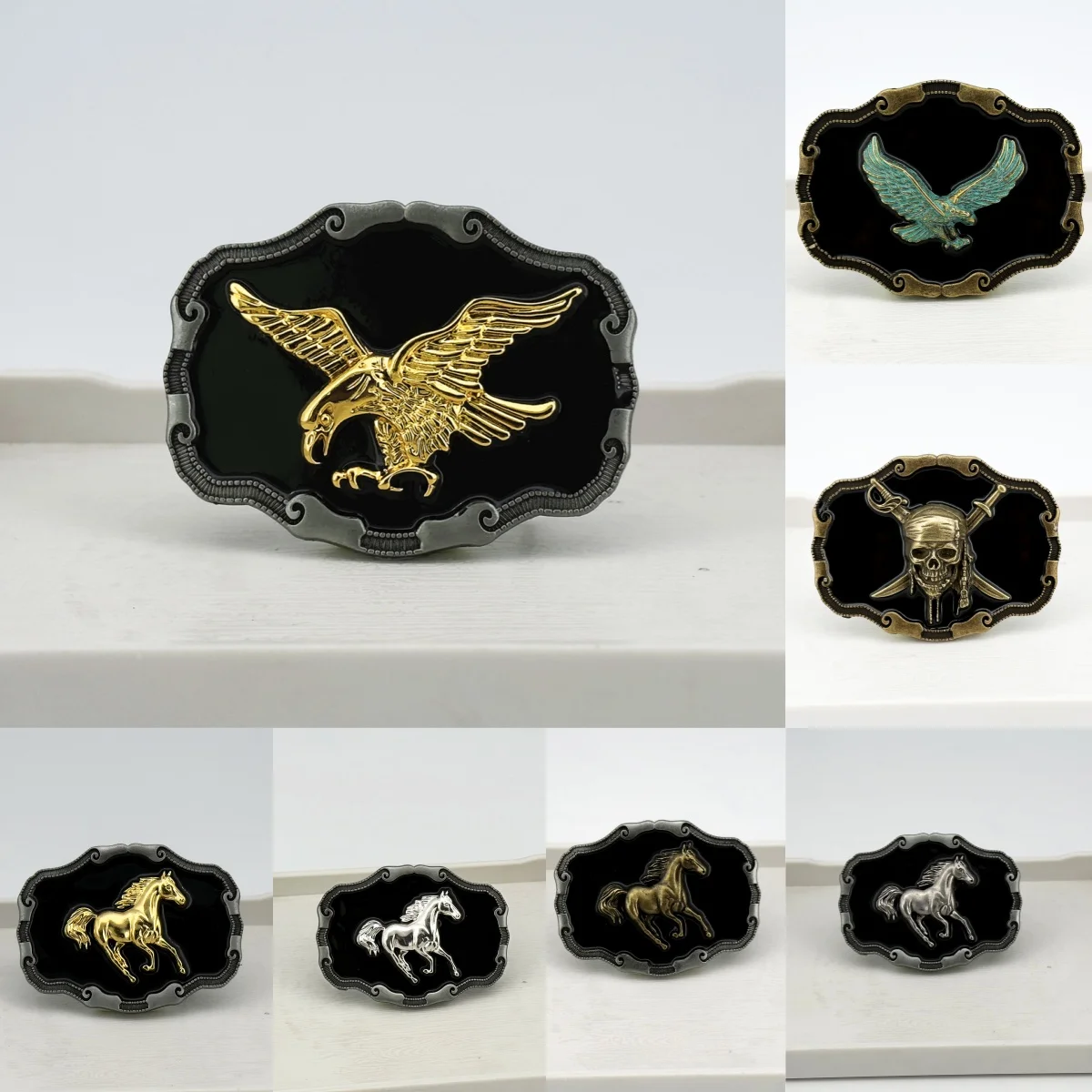 Zinc Alloy Western Retro Style Denim Golden Eagle, Golden Horse Leather Belt Buckle Alloy Automatic Buckle Classic Leather Belt