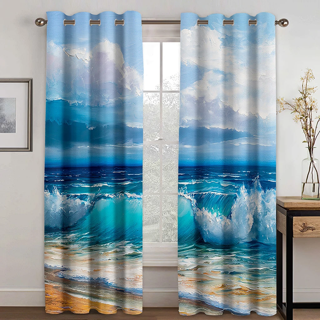 Blue Beach Ocean Curtains Red Clouds Romantic Snow Mountain 2 pcs Living Room Bedroom Kitchen Balcony Decorative Curtains