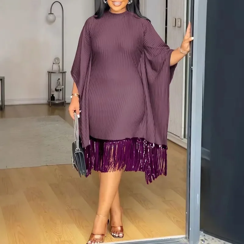 Vintage elegante moda fiesta Midi Vestidos mujeres noche club nocturno manga de murciélago lentejuelas dobladillo con borlas vestido ajustado para graduación Vestidos