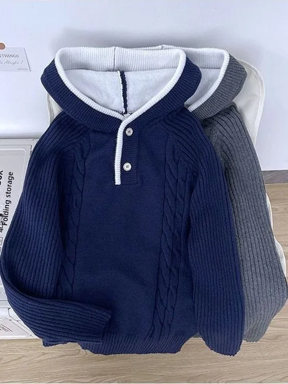 

Laid-ba Sle Thiened Hoodie Knitted Sweater for Men Autumn Winter Heavyweight Polyester Fiber Long Sve Casual Wear