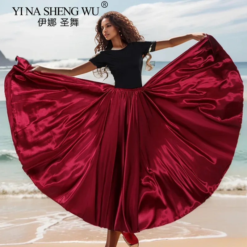 Falda larga española de satén brillante, falda de baile oscilante, falda de danza del vientre, falda para el sol, actuación de danza del vientre, falda de satén de 360 grados