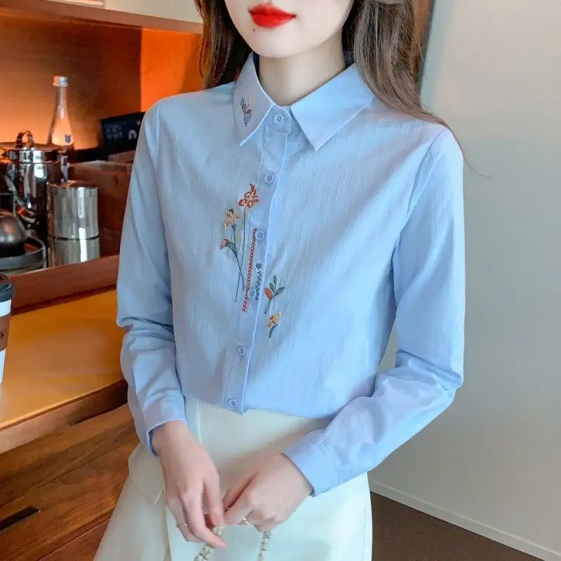 Spring Autumn New Fashion Turn-down Collar Long Sleeve Blouses Women\'s Clothing Embroidered Korean Simplicity All-match Shirts