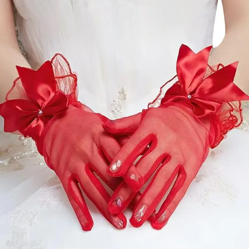 652F الدانتيل Bowknot تقليم قفازات الحدث الرسمي فساتين الزفاف قفازات للعروس وصيفات الشرف #5