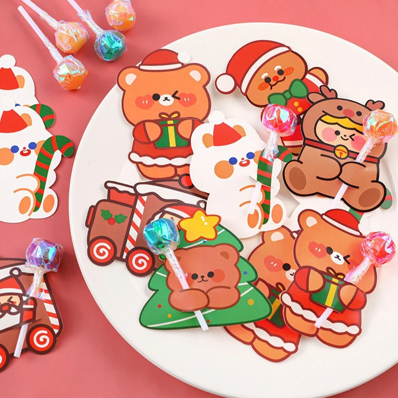 10Pcs Cartoons Lollipop Card Christmas Candy Decorations Packaging Card Cute Xmas Tree Santa Claus Lollipop Holder Gifts