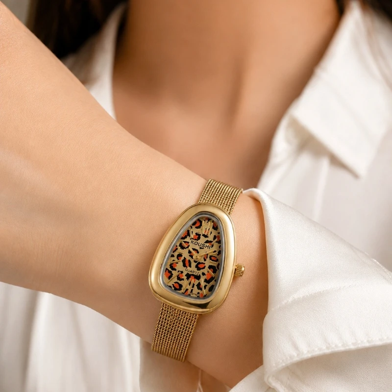 Trendy Snake Shape Leopard Dial Women's Watch Luxury Metal Mesh Strap Analog Quartz Ladies Watch Unique Female Clock Gift Reloj