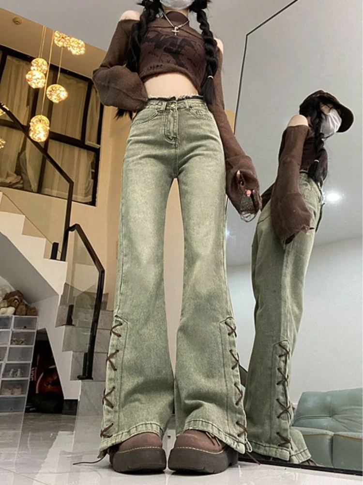 Harajuku Streetwear Y2K Retro Mode Vrouwen Hoge Taille Jeans Groen Ontwerp Wijde Pijpen Rechte Losse Denim Broek Y2K Baggy Broek