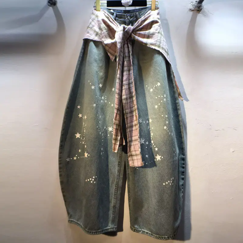 

European 2026 Spring New Patchwork Plaid Butt Curtain Five-star Printinghigh Waistslimming Look Scimitar Jeans Pants for Women