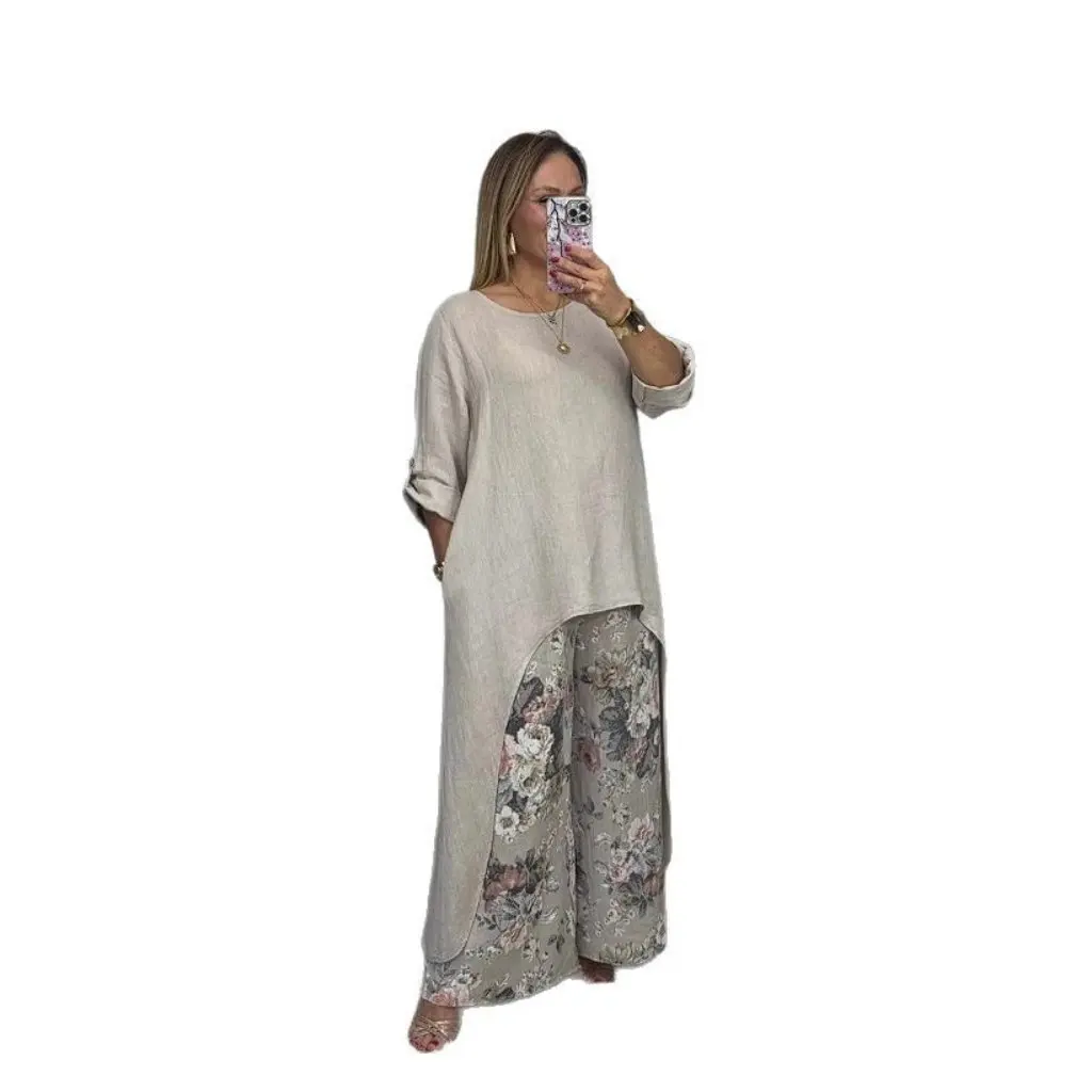 Top casual da donna in cotone e lino e pantaloni a gamba larga Set abito alla moda in stile europeo americano dal design irregolare