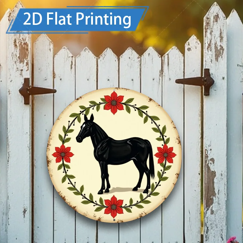 [2D PLANA] Letrero de metal de 1 pieza, arte de pared de hierro con forma de caballo y flor rústica de 8 × 8 pulgadas para decoración de jardín