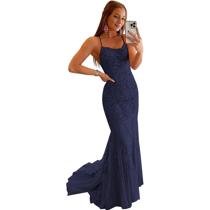 

Women's Long Lace Prom Dresses Mermaid Spaghetti Straps Backless Formal Evening Gowns Manmuxi