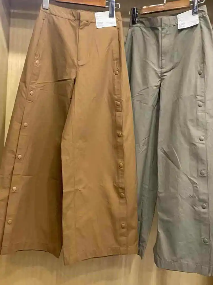 

Женские повседневные брюки с широкими штанинами, на пуговицах сбоку, удобные для примерочных, весна 2025, с высокой талией, длинные, универсальные, повседневные брюки