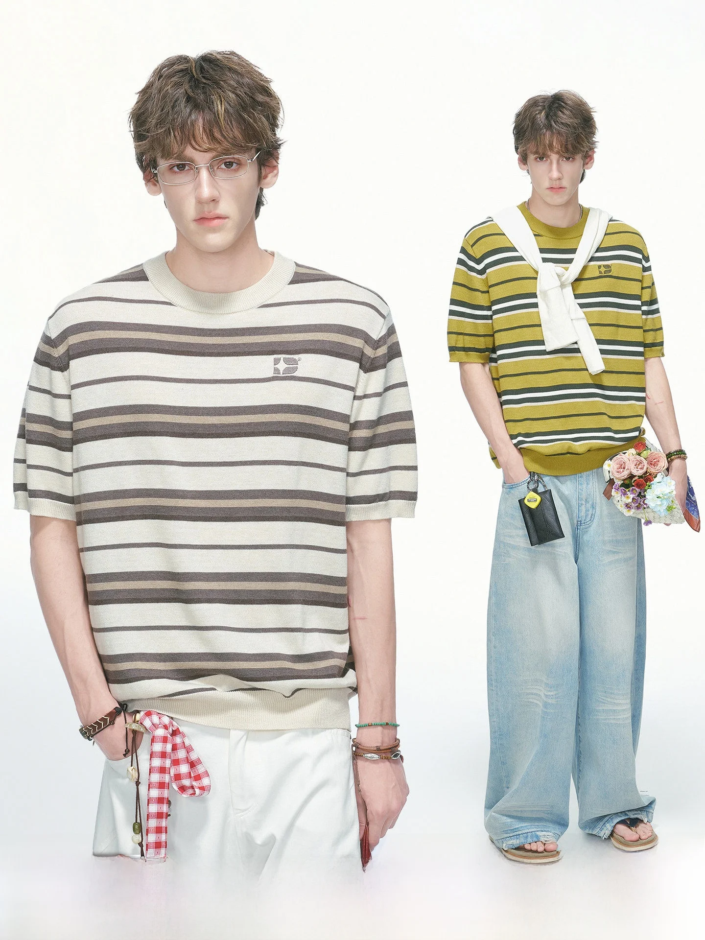 

Striped Knitted Short Sleeve T-Shirt Men's Summer Wool Blend Casual Comfortable Breathable round Neck Top