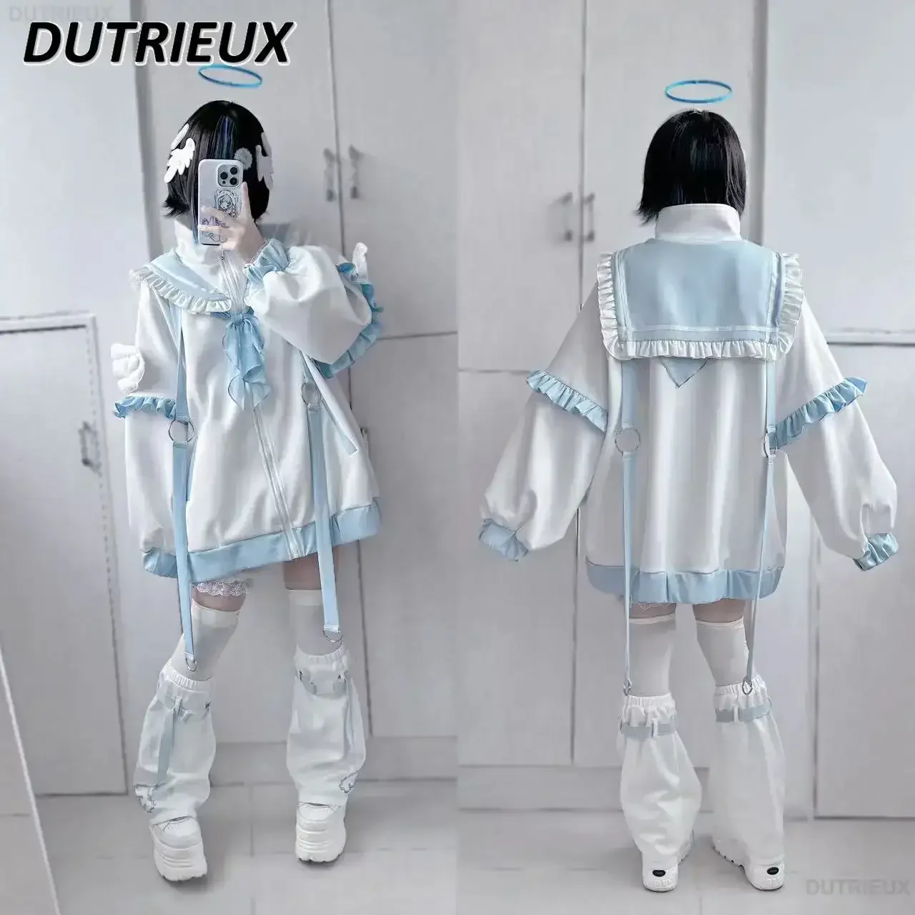 ربيع الخريف جديد اليابانية التصميم الأصلي الألغام الإنتاج الضخم سترة رياضية بحار طوق أزرق أبيض فضفاض متعدد الألوان معطف