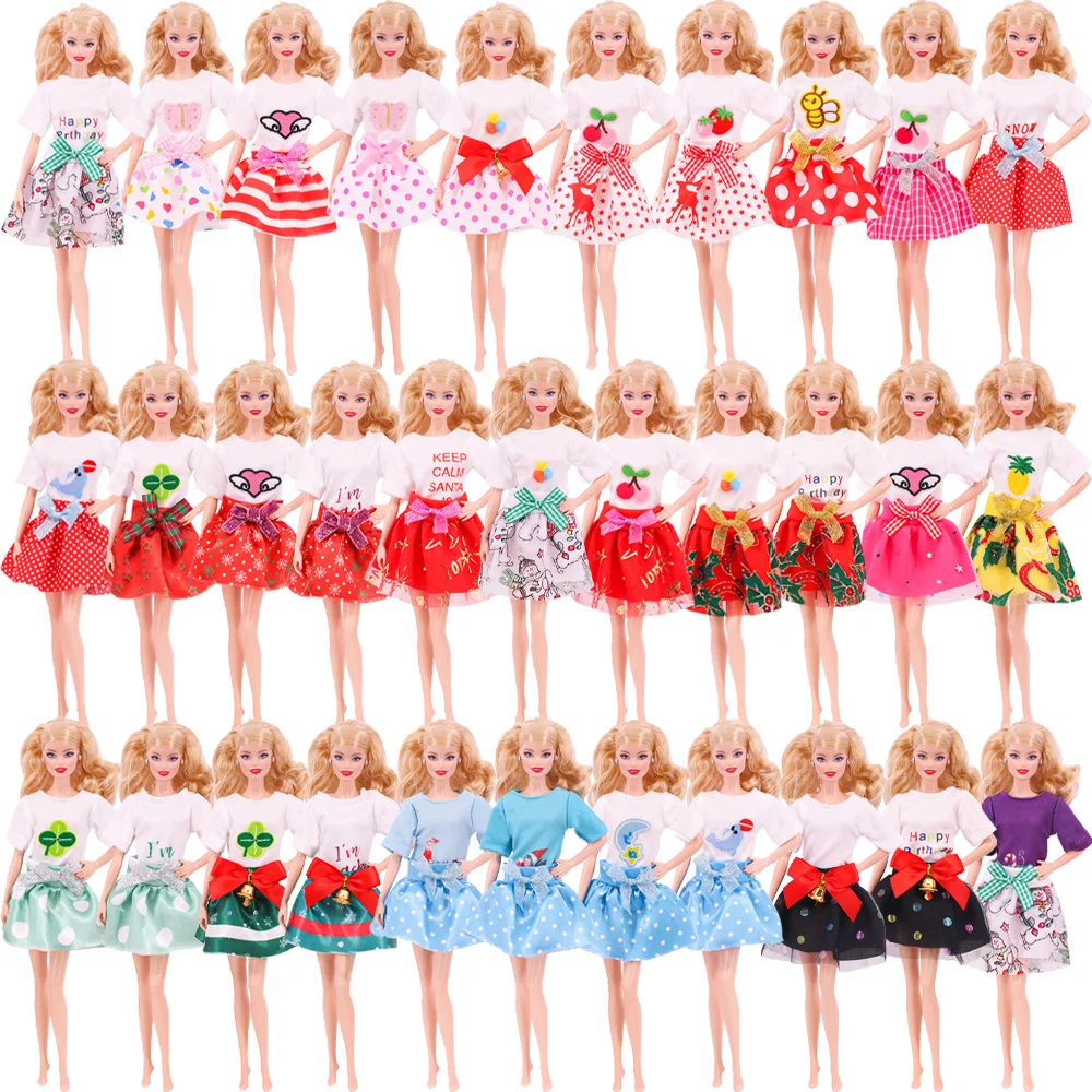 Bow Short Skirt Doll Clothes For Barbis&30CM Elf Doll Christmas Style Pattern Clothes Accessories For Children\'s Toys Gifts