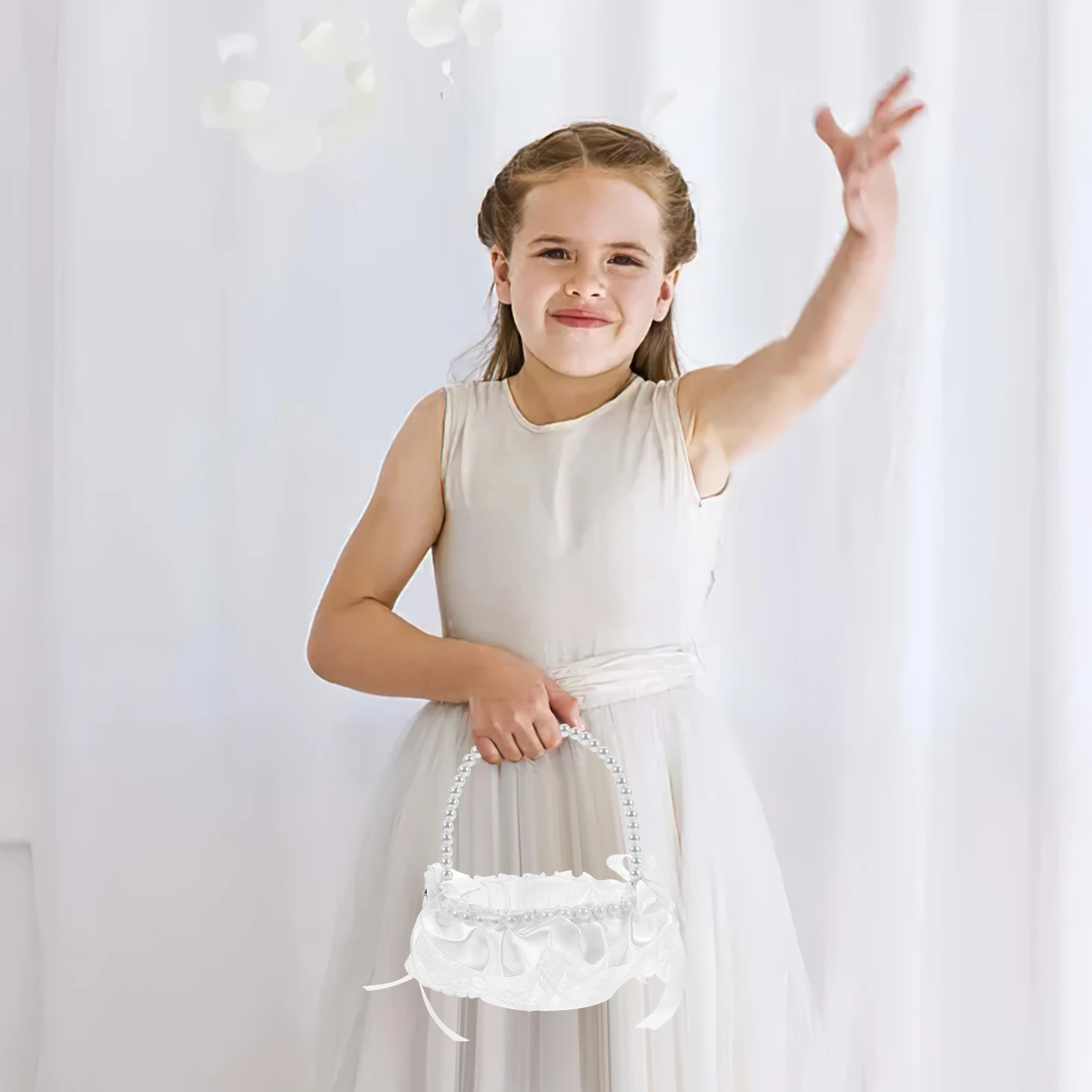 

Elegant Wedding Basket Lace Pearl Adorned Handheld Flower Girl Baskets for Indoor Outdoor Ceremonies Flower Girl Basket