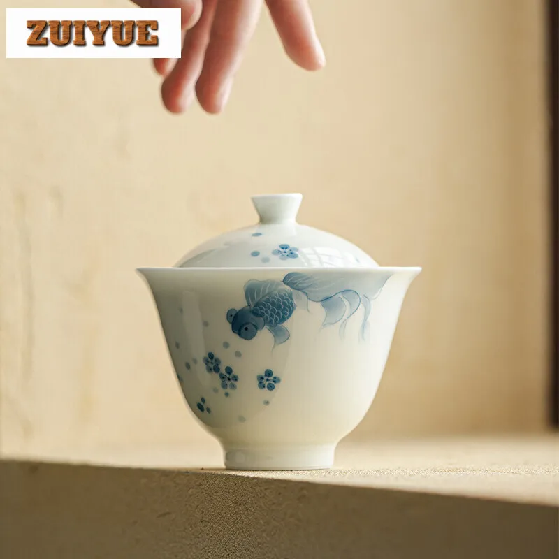 130ml Hand-painted Fish Play Gaiwan Boutique Blue and White Porcelain Tea Tureen Household Tea Brewing Cover Bowl Teaset Gift