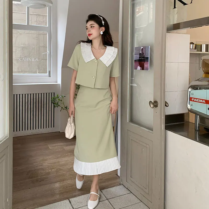 Summer Elegant Women Skirt Sets Retro Office Lady Outifits Puff Sleeve Black Top Skirts Set Korean Fashion Sweet Hepburn Suit