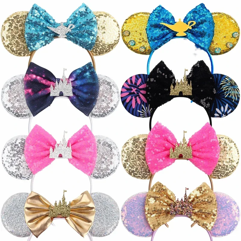 Disney Castle Fireworks Mickey Mouse Ears Headband for Girls Kids Women Sequins Bows Hair Accessories Adult Hairbands Kids Gifts