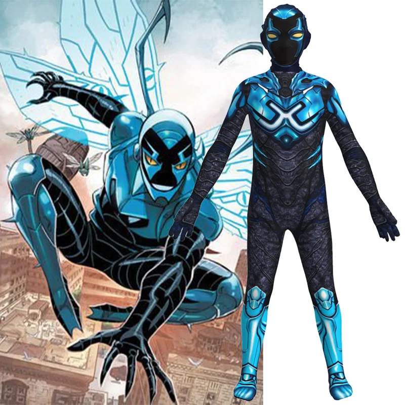 DC Blue Beetle Cosplay Kostüm Jungen Mädchen Kinder Karneval Kinder Overall Maske Outfit Party Dress Up Geschenk Superhelden Rollenspiel