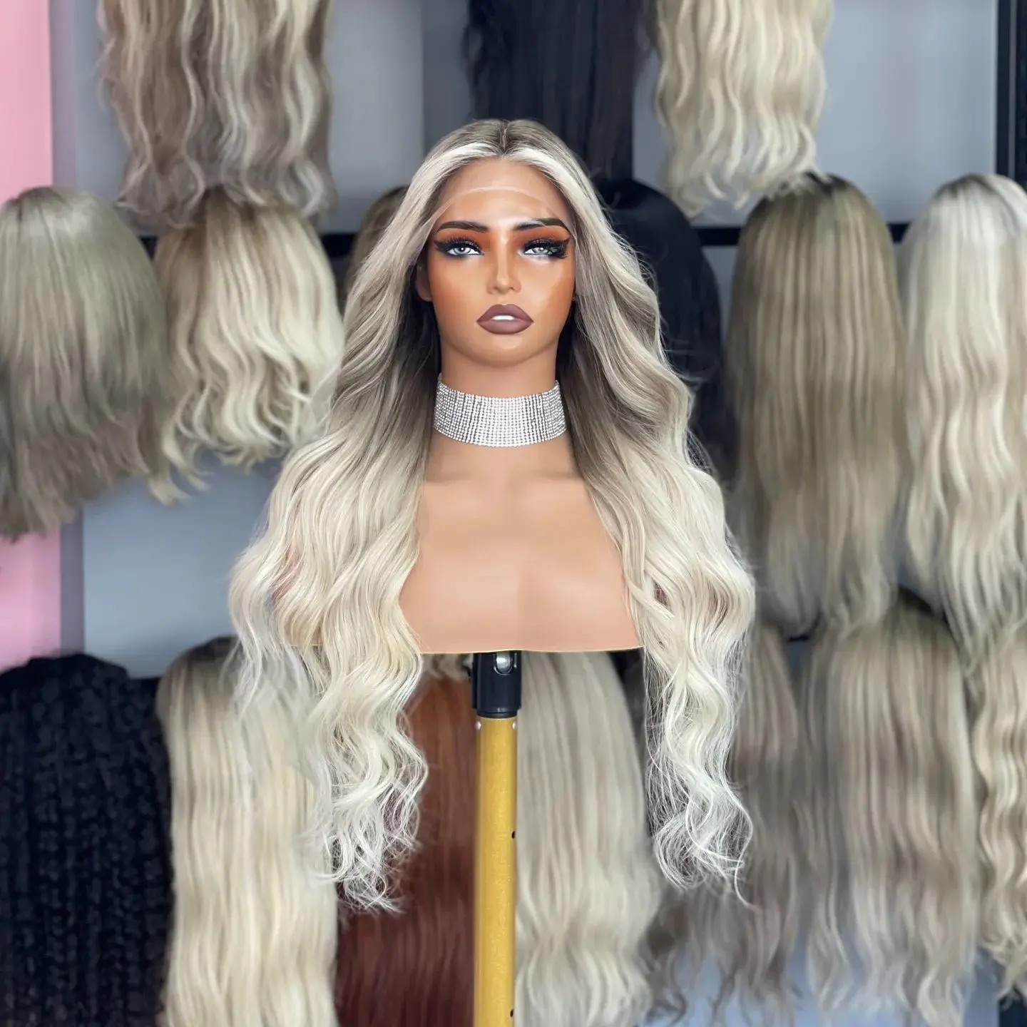 

Platinum Ash Blonde Highlights Lace Front Wig Long Wavy Soft Fibre Synthetic Balayage Wig Natural Realistic Look Wig for Women