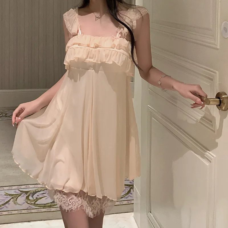 Women Nightgowns Satin Silk Spaghetti Strap Sleeveless Sleepwear Lace Nightwear Dress Sexy Lingerie Gown Homedress Nightdress