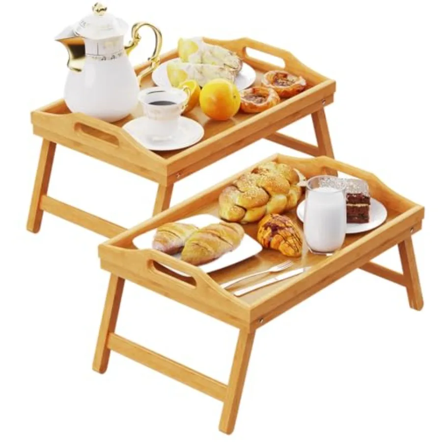 

2 Pack Bamboo Breakfast in Bed Tray for Eating 16.92 x 12.6 Inch Bed Table with Folding Legs Handles Lightweight Lap Trays for