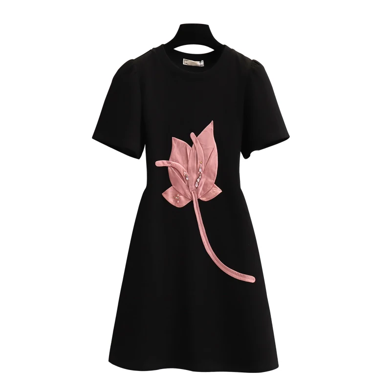 Women 2023 New Summer Tulip Floral Print Black T Shirt Dress Short Sleeve O Neck Mini A Line Dresses Female Fashion Clothes