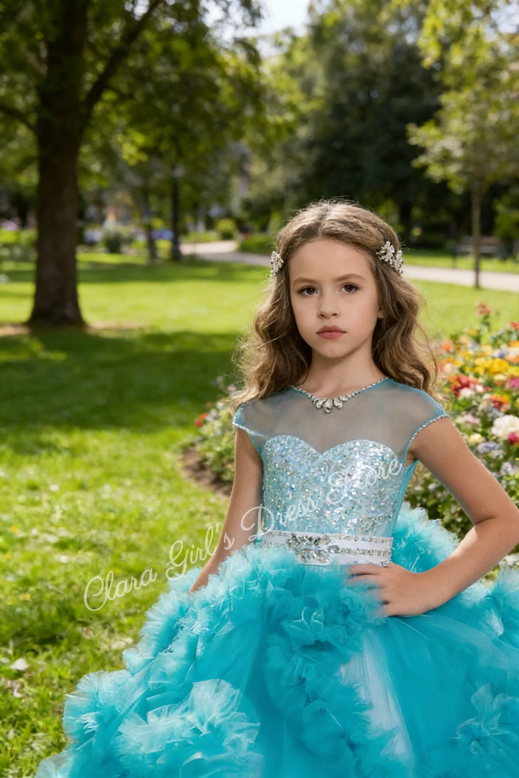 Maßgeschneidertes Kinder-Blumenmädchenkleid mit abgestuften Rüschen, Blumenmädchenkleid für die Hochzeit, Perlenband, Juwelenausschnitt, Festzug-Partykleider