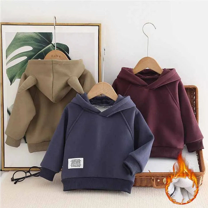 

Children's Padded Sweatshirt Warm Jumper Boys Cute Ear Hoodie Kids Fashion Plush Hooded Pullover Autumn Cotton Tracksuit