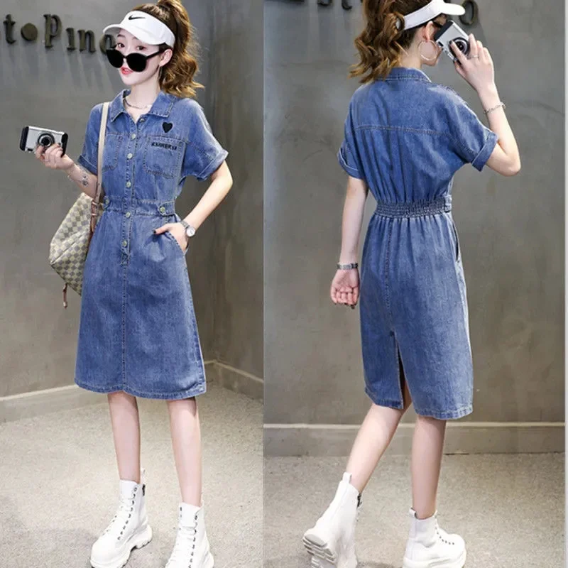 

Denim Dress Women's Spring Summer 2022 New All-match Mid-Length Short-Sleeved Casual Waist Waist Thin Summer Female Skirt Trend