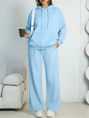 Imagen 2 del producto Conjunto de dos piezas para mujer, otoño-invierno: Sudadera con capucha y pantalones anchos, estilo casual, holgado, manga larga, chándal deportivo cómodo.