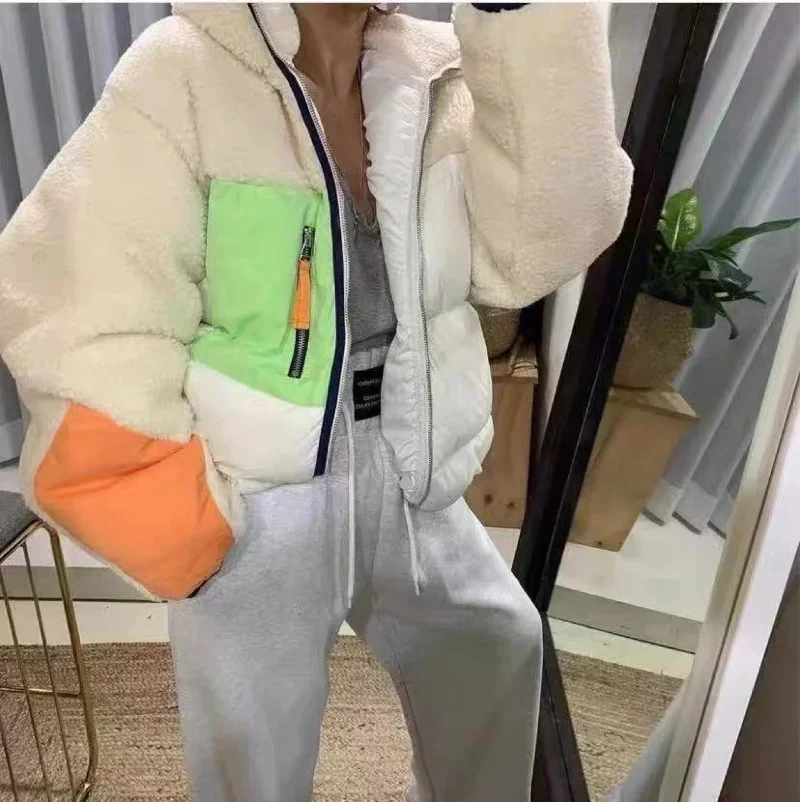 Winter Stand-up Collar Stitching Zipper Pocket Hitting Color Lamb Wool Stitching Zipper Jacket Casual Cotton Jacket Trendy Women