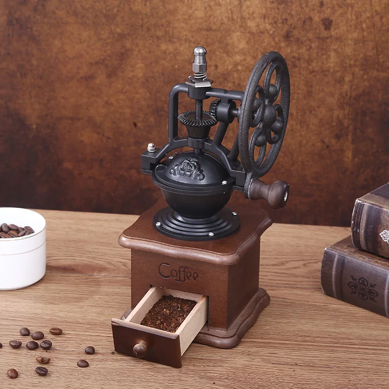 

Vintage Cast Iron Hand-Shake Coffee Grinder - Big Wheel & Shaker Design (Durable, Aesthetic, Home/Office Use)