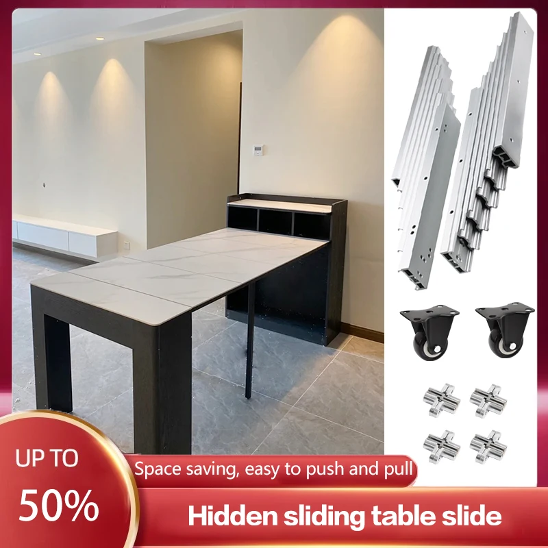 

One-pull Invisible Drawer-type Kitchen Table With Multi-section Track Telescopic Dining Table Linked Slide Rail Hardware