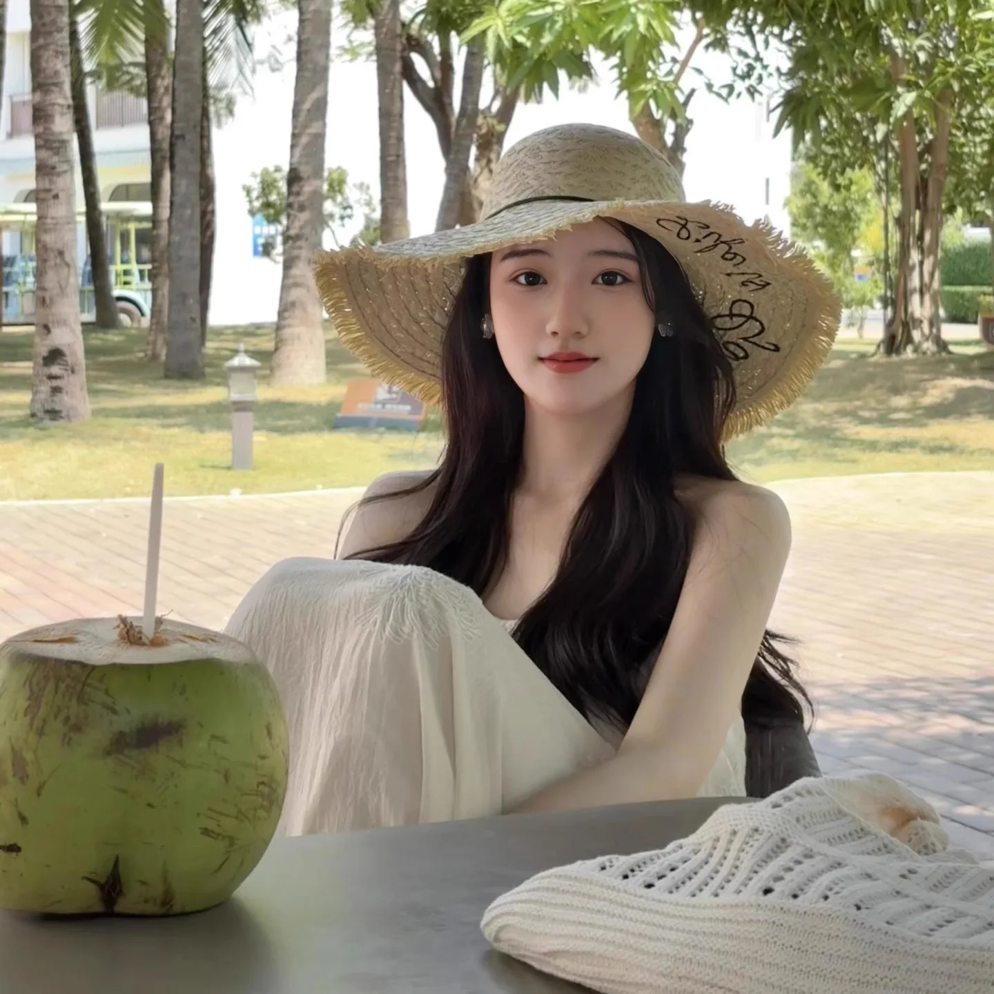 Hebe Style Embroidered Letter Straw Hat Women Summer Beach Sunshade Small Face Effect Hat Casual round Top Cap for Travel