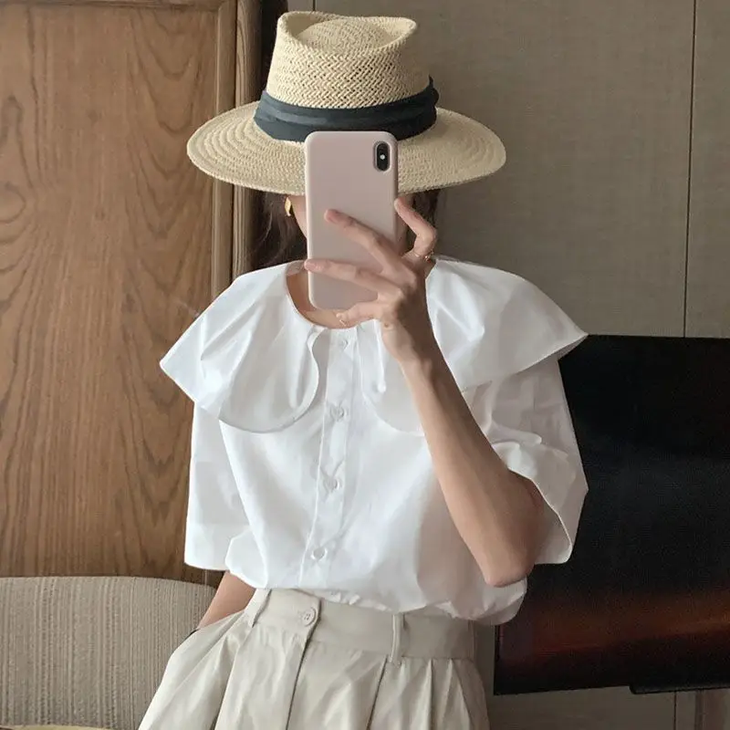 

Chic French Temperament Peter Pan Collar Short Sleeve Sweet Blouse Elegant Summer Single Breasted Loose Shirts Office Lady Tops