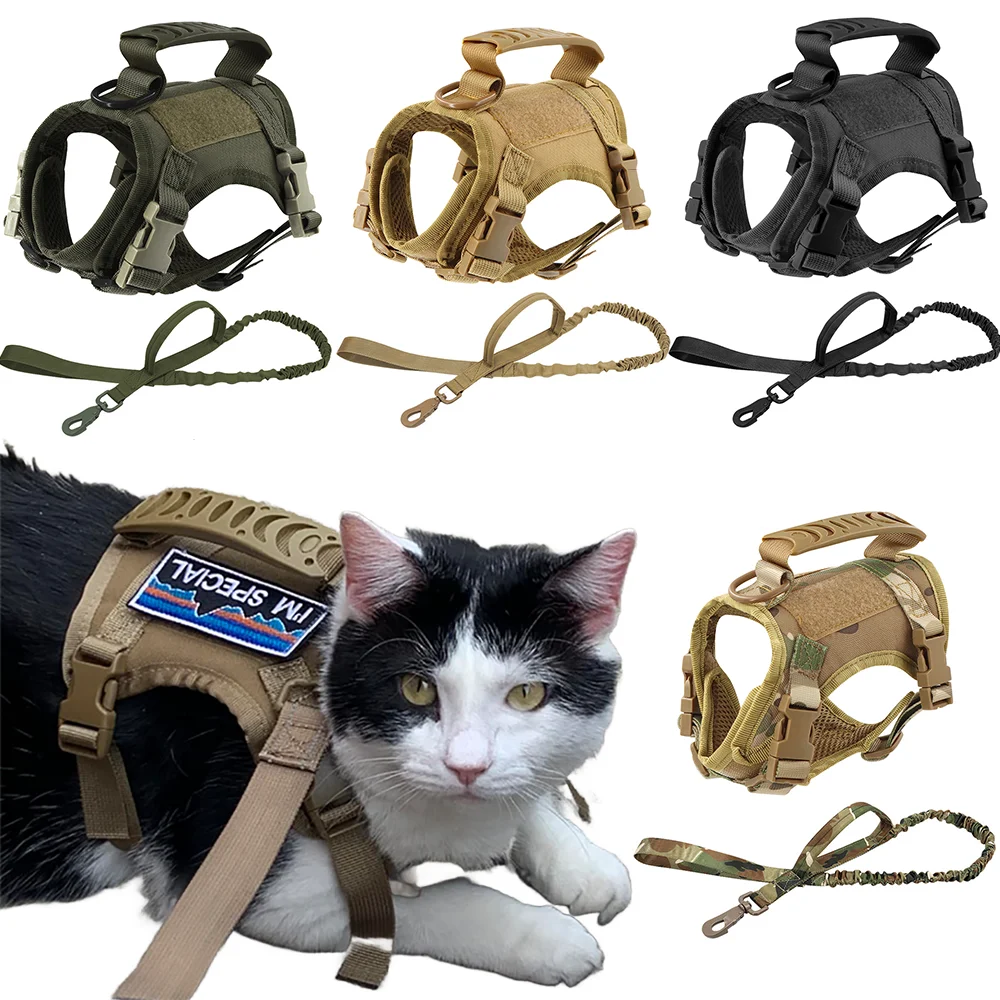 Tactical Dog Harness and Leash Set Adjustable Escape Proof Mesh Vest with Handle for Large Cats Kittens and Small Dogs