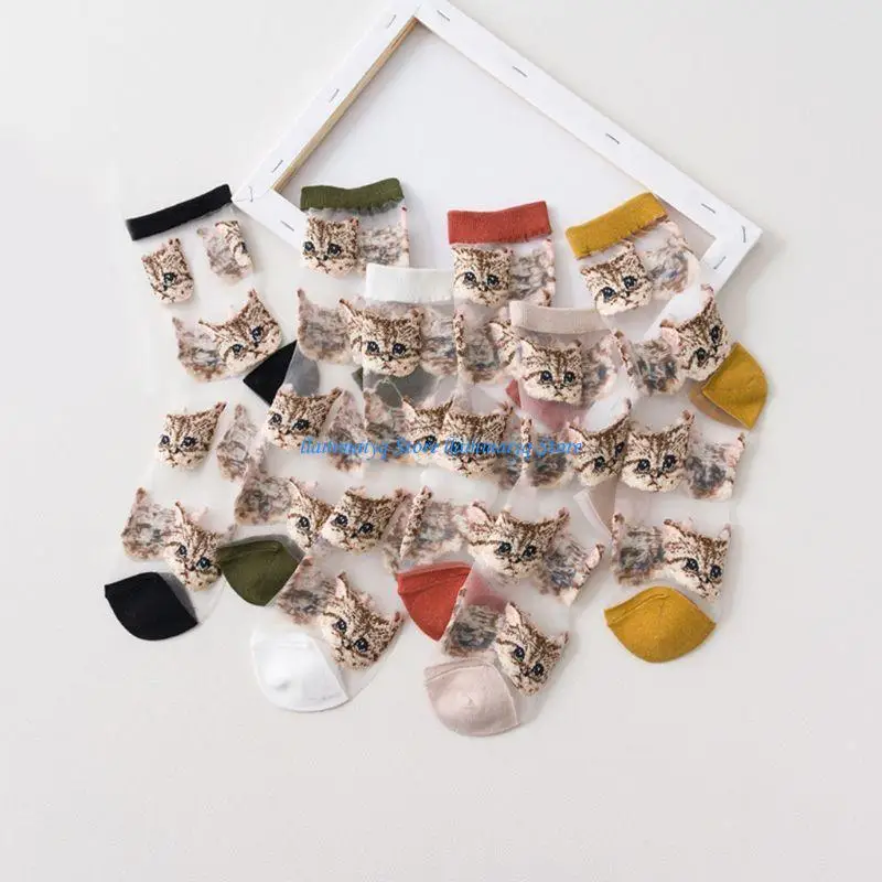

573B Women Girls Summer Thin Ankle Socks Transparent Glass Fiber Patchwork Cartoon Meow for Cat Print See Through