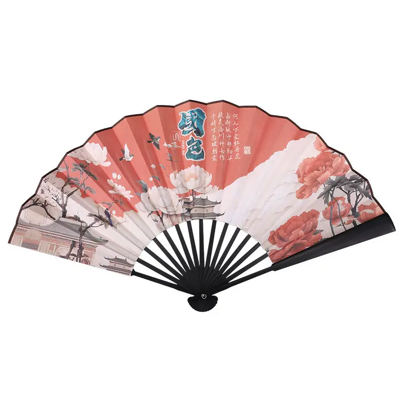Green Bamboo Folding Fan with Silk Cloth Portable Summer Cooling Daily Fan for Men Dance Performance Stage Cheongsam Gift