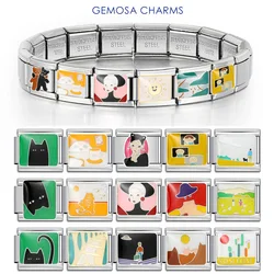 GEMOSA 2025 Fashions Colors Glaze Scenery Character Female Cats Charm Links Fit 9mm Bracelet Stainless Steel Making DIY Jewelry