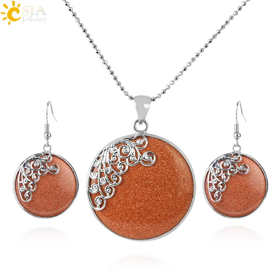 CSJA Natural Stone Necklaces Jewelry Set Butterfly Dangle Earrings Round Brown Sand Stone Pendant Party Women Jewellery G944